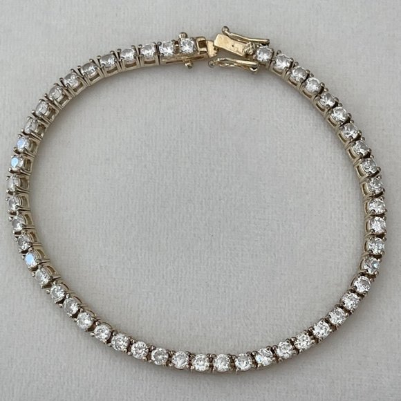 Vintage estate solid sterling silver 925 gold vermeil tennis link CZ bracelet - Picture 2 of 10